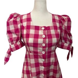 Kitri Gingham Midi Dress Pink White Puff Sleeve Button Front Size 6